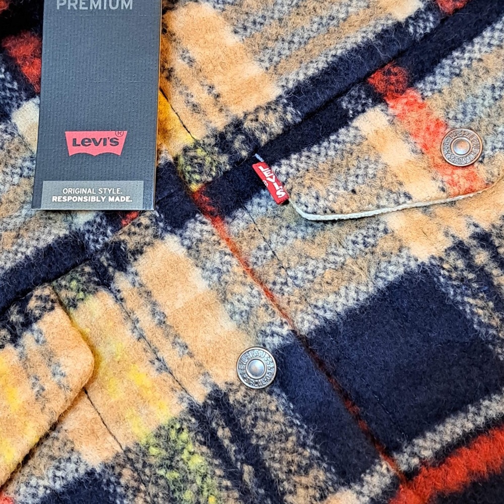 Levi's Plaid Sherpa Collar Jacket in Navy, Tan & Red - Picture 6 of 12